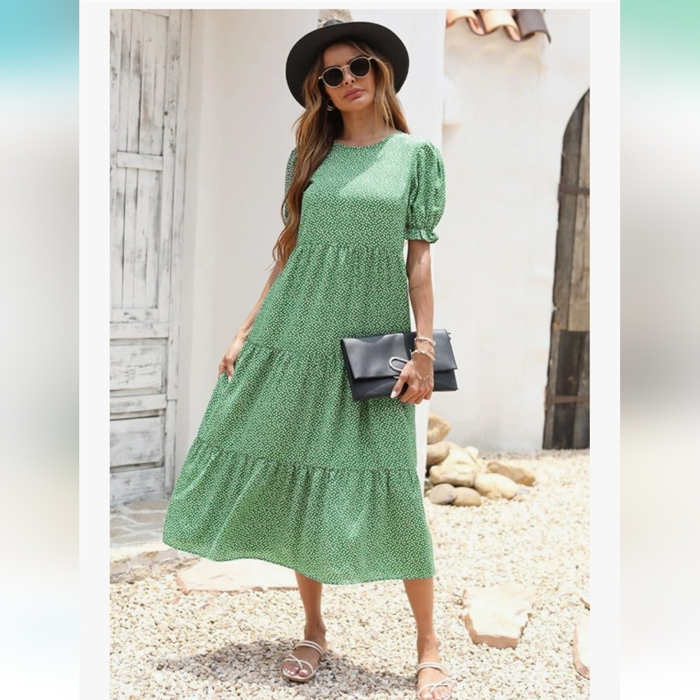 Pretty Garden Boho Summer Floral Puff Sleeve Midi Dress
